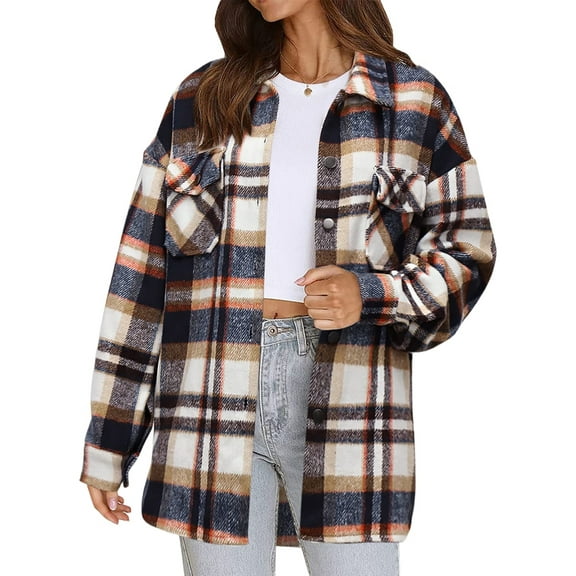 Women'S Flannel Plaid Shacket Fall Outfits Long Sleeve Button Down Shirts Jacket Coats with Side Pockets Color Pattern L