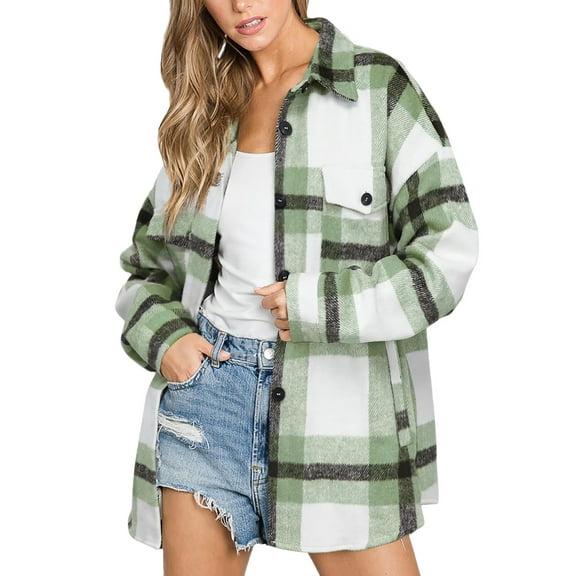 Women'S Flannel Plaid Shacket Fall Outfits Long Sleeve Button Down Shirts Jacket Coats with Side Pockets Green XL