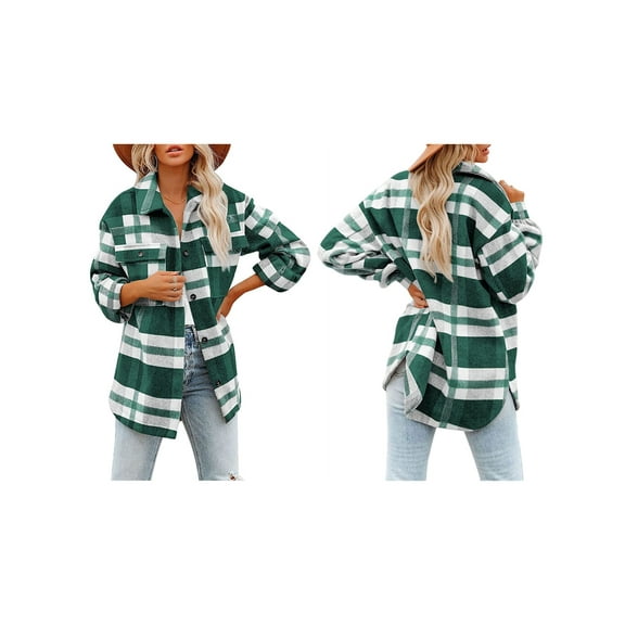 Women'S Flannel Plaid Shacket Fall Outfits Long Sleeve Button Down Shirts Jacket Coats with Side Pockets Green XL