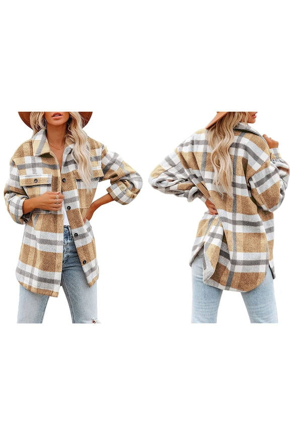Women'S Flannel Plaid Shacket Fall Outfits Long Sleeve Button Down Shirts Jacket Coats with Side Pockets Khaki XL