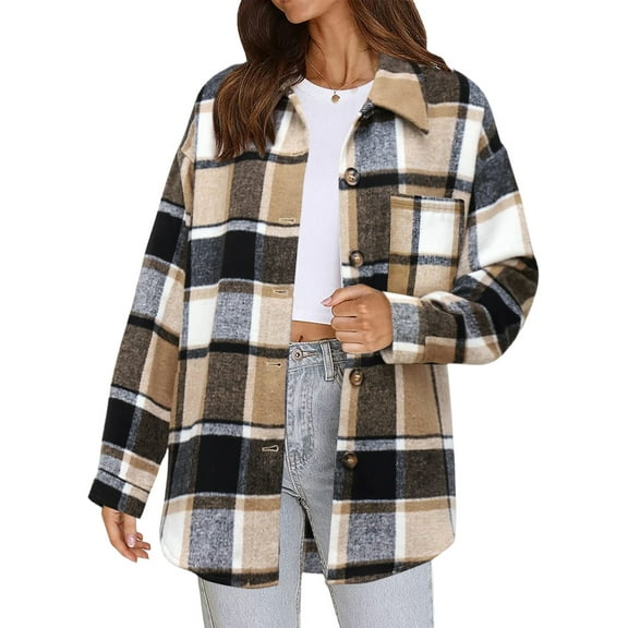 Women'S Flannel Plaid Shacket Fall Outfits Long Sleeve Button Down Shirts Jacket Coats with Side Pockets Khaki XL