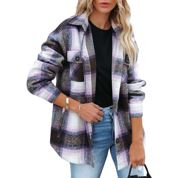 Women'S Flannel Plaid Shacket Fall Outfits Long Sleeve Button Down Shirts Jacket Coats with Side Pockets L
