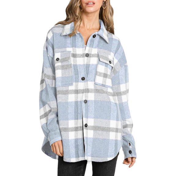 Women'S Flannel Plaid Shacket Fall Outfits Long Sleeve Button Down Shirts Jacket Coats with Side Pockets Light Blue L