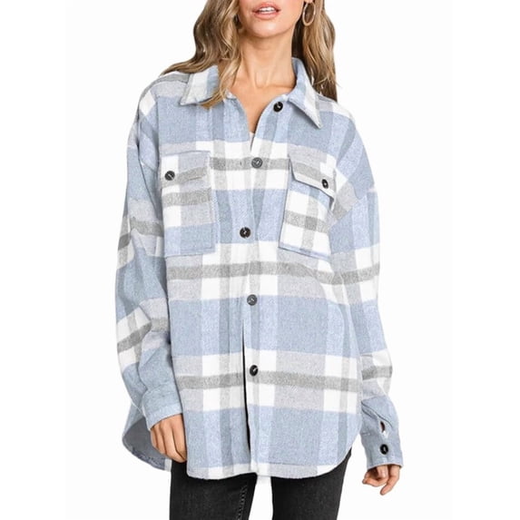 Women'S Flannel Plaid Shacket Fall Outfits Long Sleeve Button Down Shirts Jacket Coats with Side Pockets Light Blue M