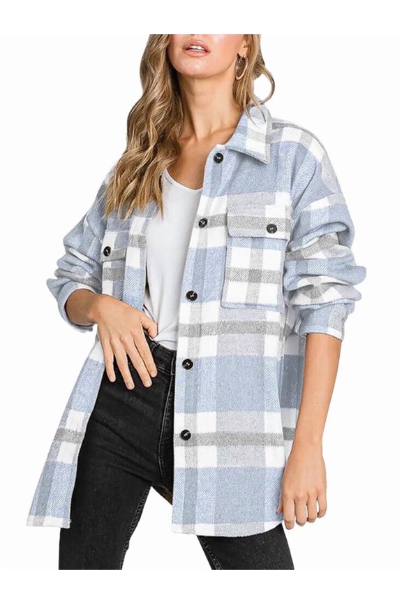 Women'S Flannel Plaid Shacket Fall Outfits Long Sleeve Button Down Shirts Jacket Coats with Side Pockets Light Blue XXL
