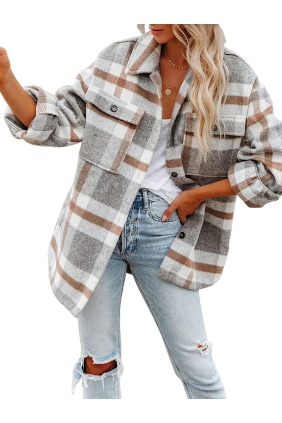 Women'S Flannel Plaid Shacket Fall Outfits Long Sleeve Button Down Shirts Jacket Coats with Side Pockets Light Gray L
