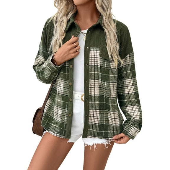 Women'S Flannel Plaid Shirt Long Sleeve Casual Fall Tops Green M