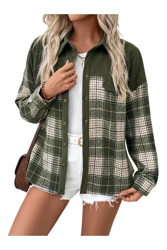 Women'S Flannel Plaid Shirt Long Sleeve Casual Fall Tops Green M