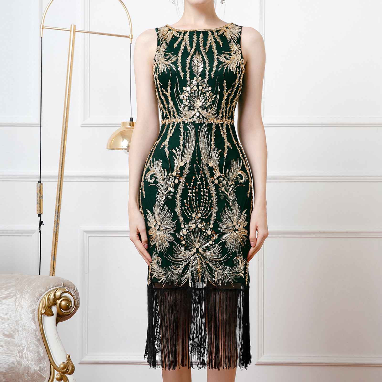slim fit dress slacks BABEYOND Striped Sequin Gatsby Dress, 1920s Dresses, Forest Green