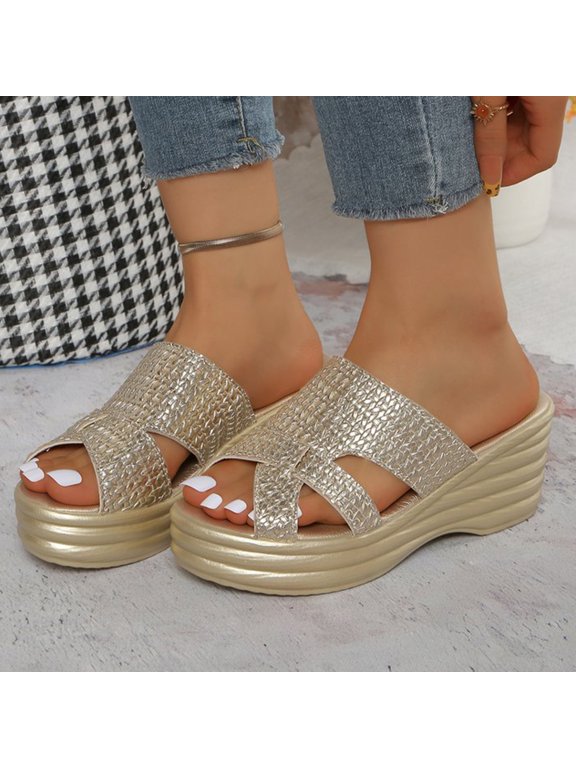 Women'S Flat Sandals,Women's Summer Fashion Wedge Sandals Thick Platform Height Increasing Slides,Gold,37
