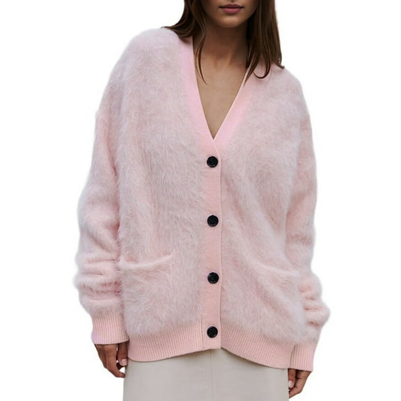 Women'S Fleece Cardigan Sweater Lazy Style Loose Knit Warm Cardigan Sweater Pink L