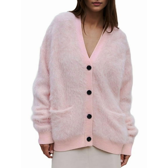 Women'S Fleece Cardigan Sweater Lazy Style Loose Knit Warm Cardigan Sweater Pink M