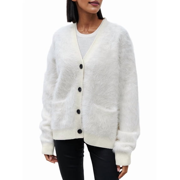 Women'S Fleece Cardigan Sweater Lazy Style Loose Knit Warm Cardigan Sweater White S
