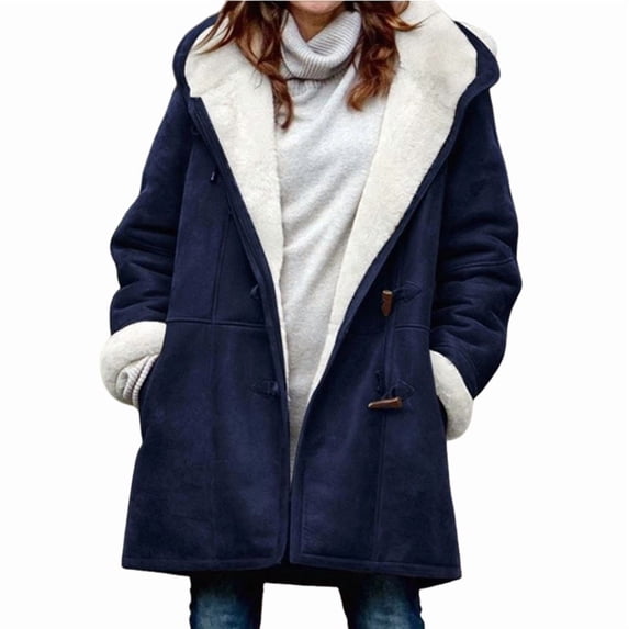 Women'S Fleece Collar Long Sleeve Hooded Button-Down Jacket with Pockets Blue & White XXL