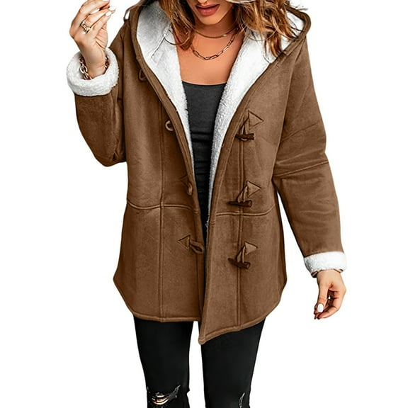 Women'S Fleece Collar Long Sleeve Hooded Button-Down Jacket with Pockets Brown XXL