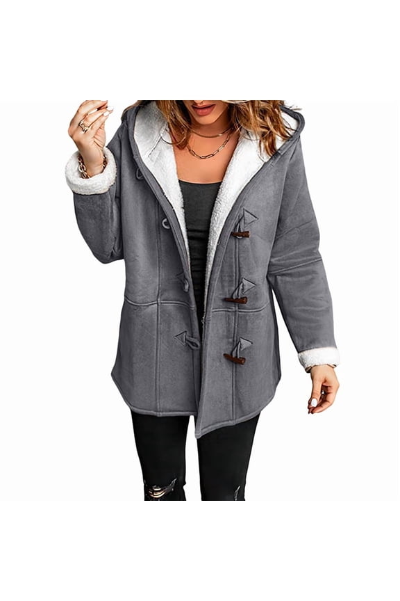 Women'S Fleece Collar Long Sleeve Hooded Button-Down Jacket with Pockets Gray XXL