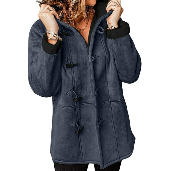 Women'S Fleece Collar Long Sleeve Hooded Button-Down Jacket with Pockets Navy Blue L