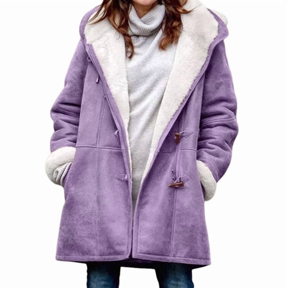 Women'S Fleece Collar Long Sleeve Hooded Button-Down Jacket with Pockets Purple XL