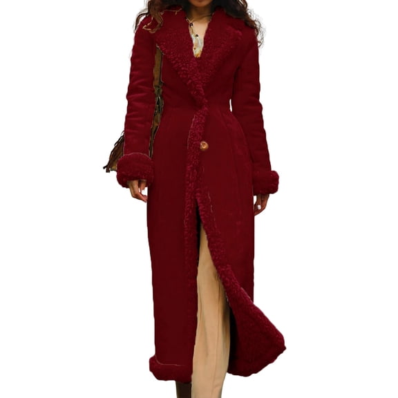 Women'S Fleece Fuzzy Long Coats Lapel Faux Fur Lined Trench Jacket Winter Warm Cardigan Overcoat with Pockets Wine Red M
