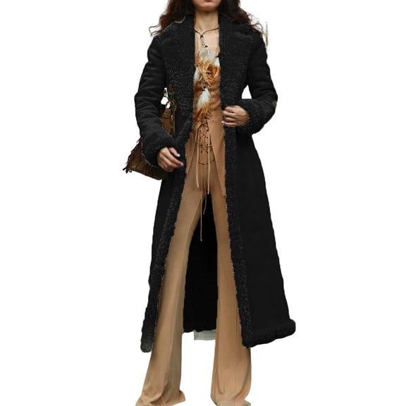 Women'S Fleece Fuzzy Long Coats Lapel Faux Fur Lined Trench Jacket Winter Warm Cardigan Overcoat with Pockets