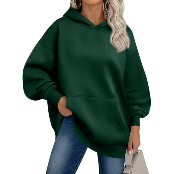 Women'S Fleece Hooded Sweatshirt, Oversized With Pocket, Soft Long Sleeve Casual Streetwear, Comfortable Four Season Outerwear Wrm Womens Shirts Scrub Jackets Pullover (M, Dark Green) ZMTing