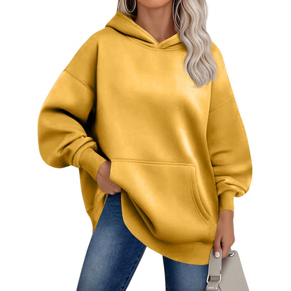 Women'S Fleece Hooded Sweatshirt, Oversized With Pocket, Soft Long Sleeve Casual Streetwear, Comfortable Four Season Outerwear Wrm Womens Zip Up Sweatshirt Clothes Sweater (L, Yellow) ZMTing