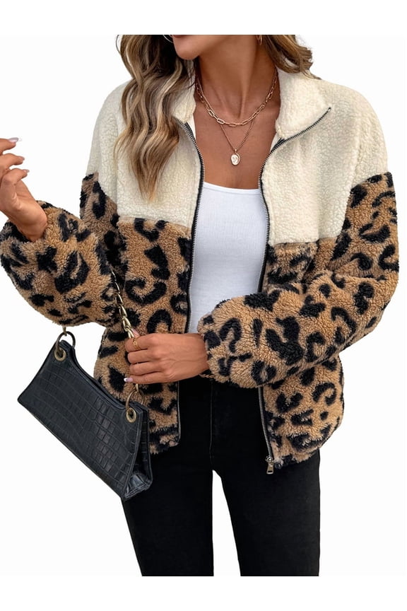 Women'S Fleece Jacket Coats Color Block Leopard Print Fuzzy Faux Fur Cropped Jackets Zip Up Fall Clothes Apricot XL
