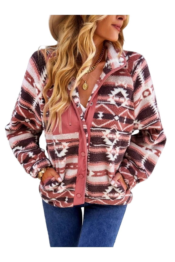 Women'S Fleece Jacket Print Long Sleeve Button Down Shacket Jacket Coats Red L
