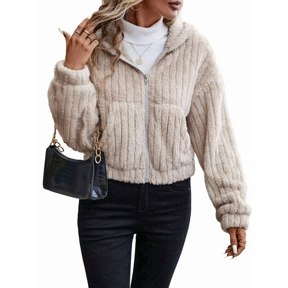 Women'S Fleece Jacket Women Full Zip Long Sleeve Hooded Coat Outerwear with Pockets Khaki XL