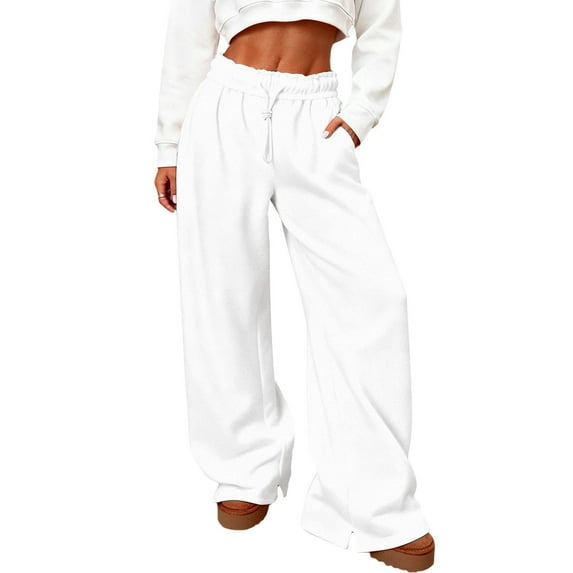 Women'S Fleece Lined Sweatpants Foldover Waistband Drawstring Wide Leg Sweat Pants Fashion Lounge Pants With Pockets