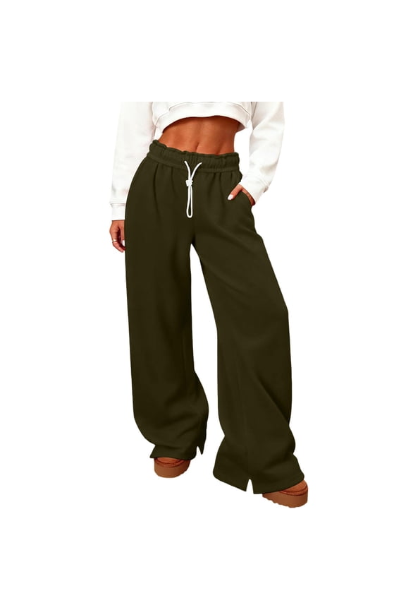 Women'S Fleece Lined Sweatpants Foldover Waistband Drawstring Wide Leg Sweat Pants Fashion Lounge Pants With Pockets