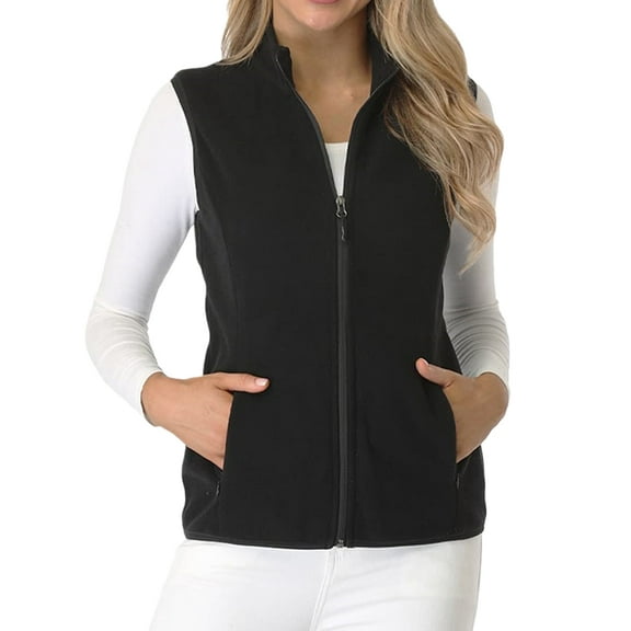 Women'S Fleece Vest Soft Sleeveless Classic Fit with Zip Up Pockets Black L