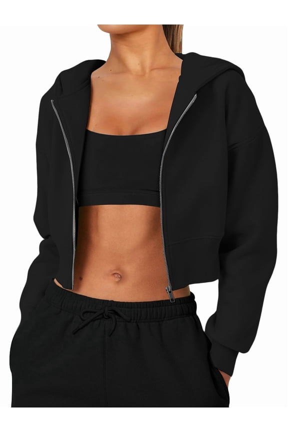 Women'S Fleece Zip Up Hoodies Cropped Sweatshirts Casual Jackets Trendy Y2K Black M