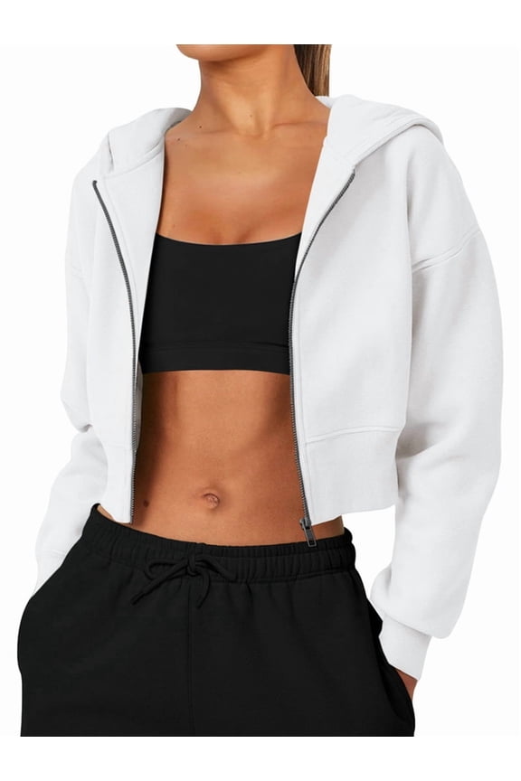 Women'S Fleece Zip Up Hoodies Cropped Sweatshirts Casual Jackets Trendy Y2K Cream White L