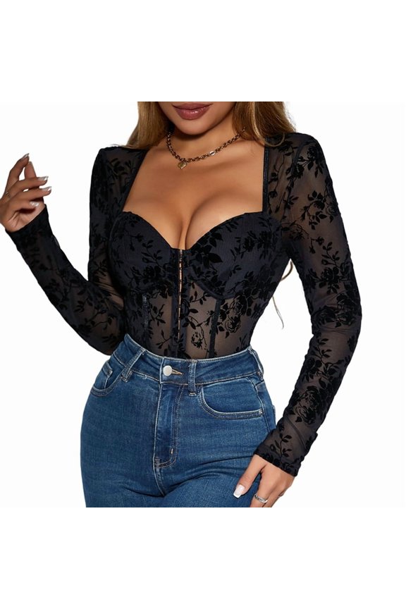 Women'S Flocked Print Jumpsuit Slim Fit Long Sleeve Button Down Front Romper Black L