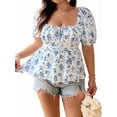 thumbnail image 1 of Women'S Floral Blouse Boho Shirred Square Neck Puff Short Sleeve Vacation Shirt Peplum Tops Blue on White XXL, 1 of 6
