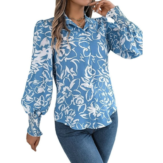 Women'S Floral Blouses Dressy Casual V Neck Button Down Shirts Lantern Long Sleeve Boho Chiffon Tops 2025 Light Blue M