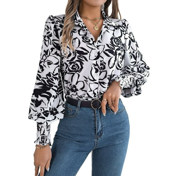 Women'S Floral Blouses Dressy Casual V Neck Button Down Shirts Lantern Long Sleeve Boho Chiffon Tops 2025 White M