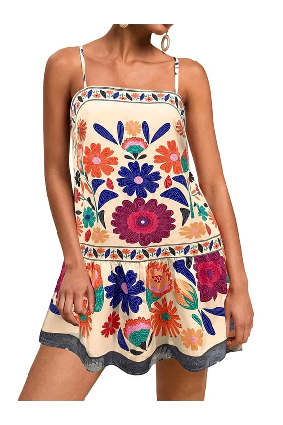 Women'S Floral Boho Flowy Mini - Dress Ruffle Hem Spaghetti Strap Vacation Tank Dresses S