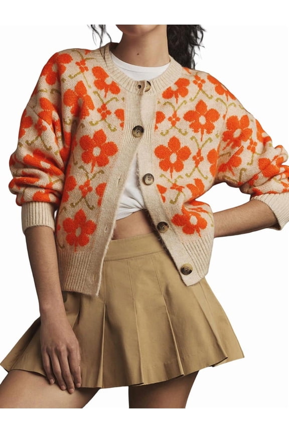 Women'S Floral Cardigan, Button-Down Floral Print Cardigan, Fall Knitted Sweater Top S