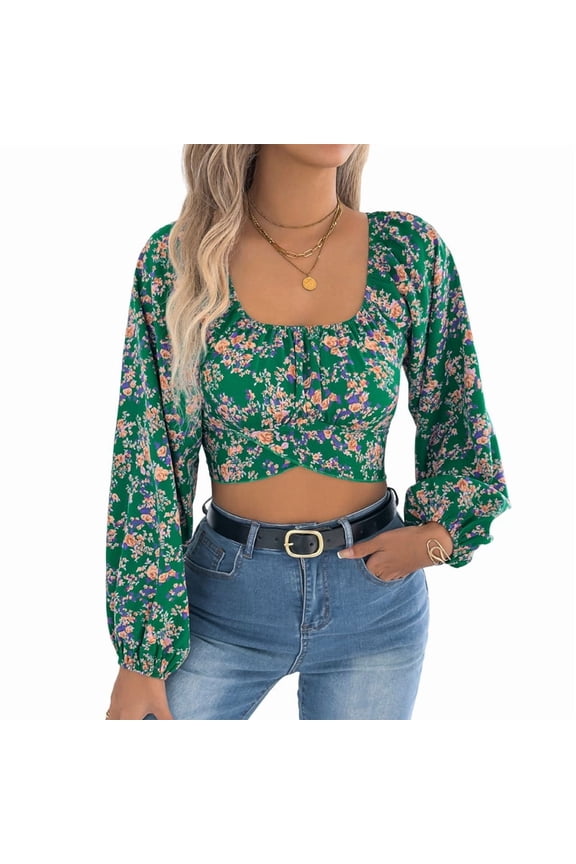 Women'S Floral Cropped Top Square Neck Tie Backless Shirt Top Green L