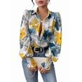thumbnail image 1 of Women'S Floral Dressy Casual V Neck Button Down Shirts Lantern Long Sleeve Boho Chiffon Fall Tops Blue & Yellow S, 1 of 8