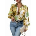 thumbnail image 1 of Women'S Floral Dressy Casual V Neck Button Down Shirts Lantern Long Sleeve Boho Chiffon Fall Tops Green Yellow S, 1 of 8