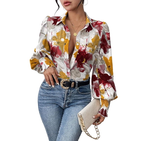 Women'S Floral Dressy Casual V Neck Button Down Shirts Lantern Long Sleeve Boho Chiffon Fall Tops Red & Yellow S