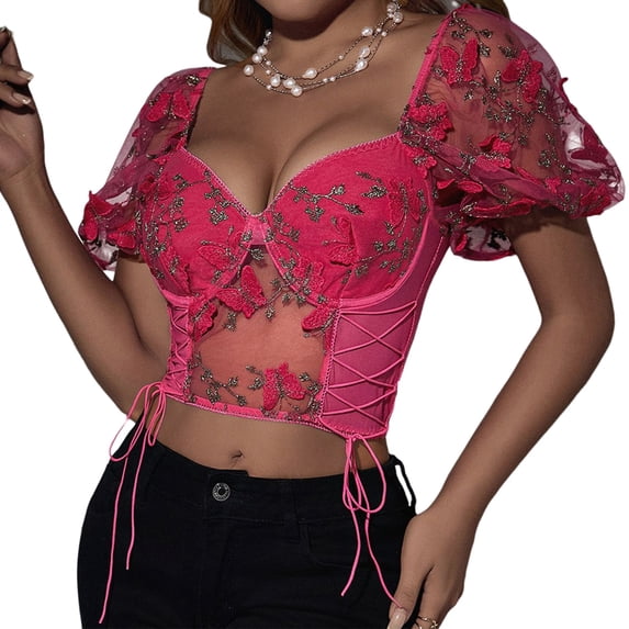 Women'S Floral Embroidered Puff Sleeve Tops Slim Fit Corset Crop Top Bustier Tank Top T-Shirts Rose Red S