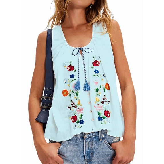 Women'S Floral Embroidered Tops U Neck Fringe Tie Front Tank Tops Loose Boho Sleeveless Mexican Shirts Light Blue L