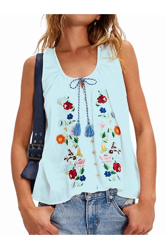 Women'S Floral Embroidered Tops U Neck Fringe Tie Front Tank Tops Loose Boho Sleeveless Mexican Shirts Light Blue XS