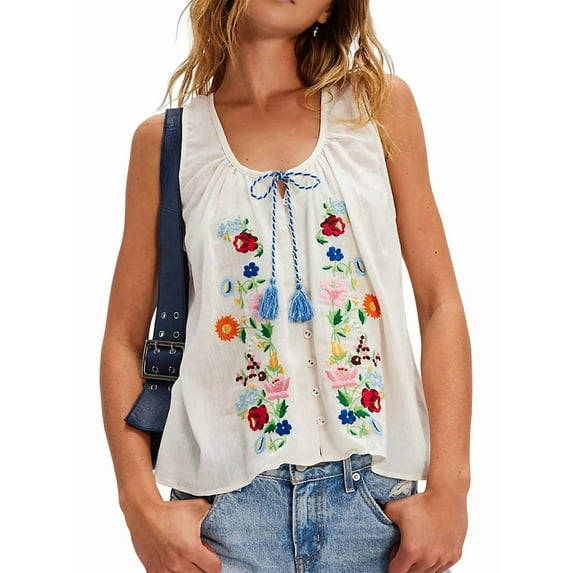 Women'S Floral Embroidered Tops U Neck Fringe Tie Front Tank Tops Loose Boho Sleeveless Mexican Shirts White XS