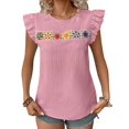thumbnail image 1 of Women'S Floral Embroidery Blouse Crew Neck Short Sleeve Summer Boho Shirt Pink L, 1 of 9