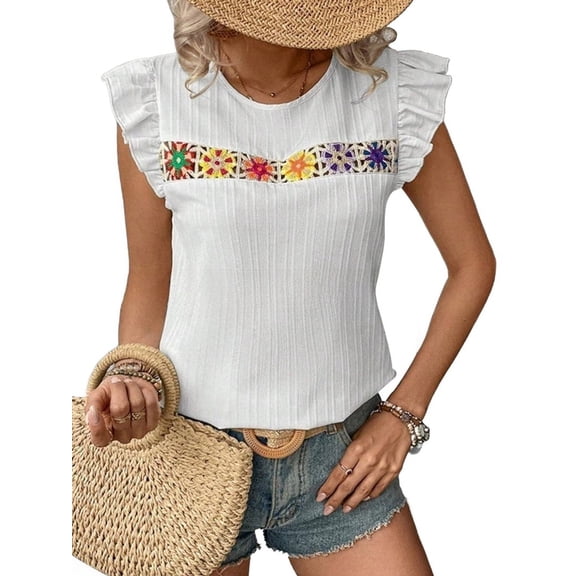 Women'S Floral Embroidery Blouse Crew Neck Short Sleeve Summer Boho Shirt White XL